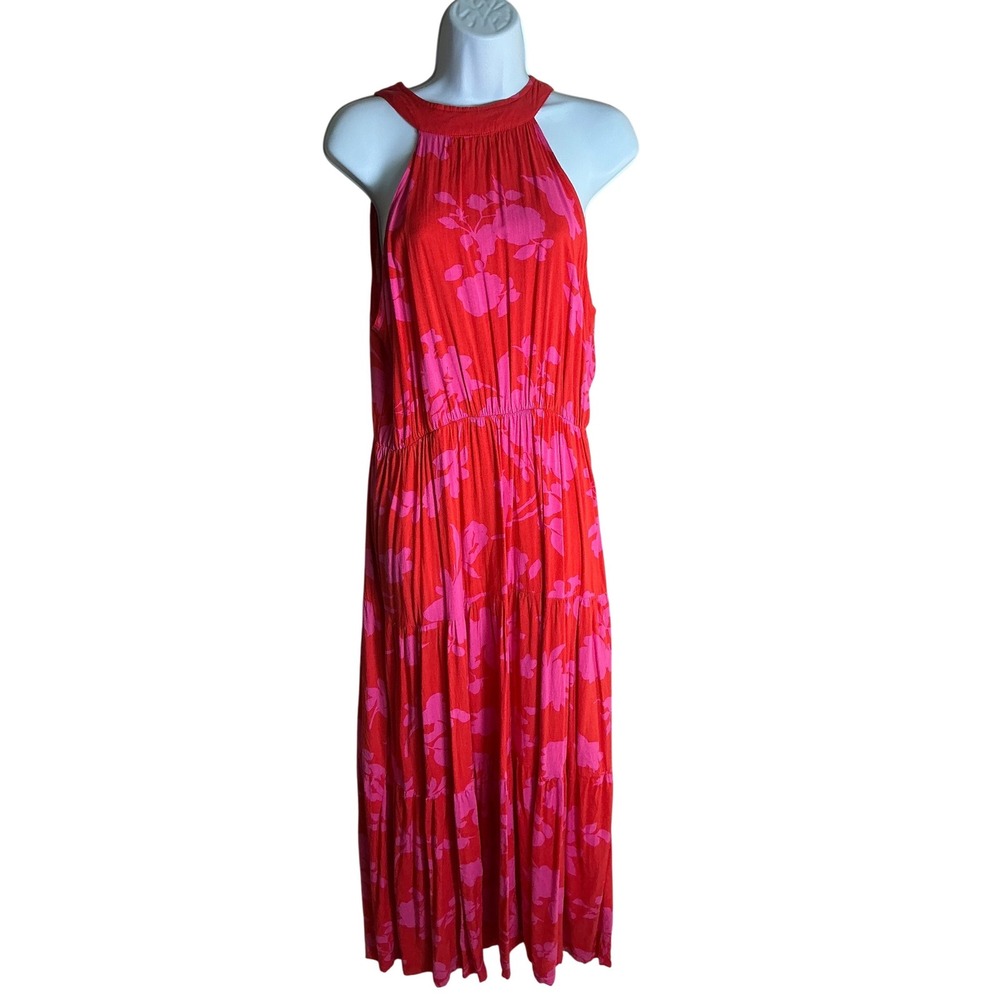 Red Pink Floral Halter Maxi Dress Tiered Sleeveless XL Summer Vacation Boho